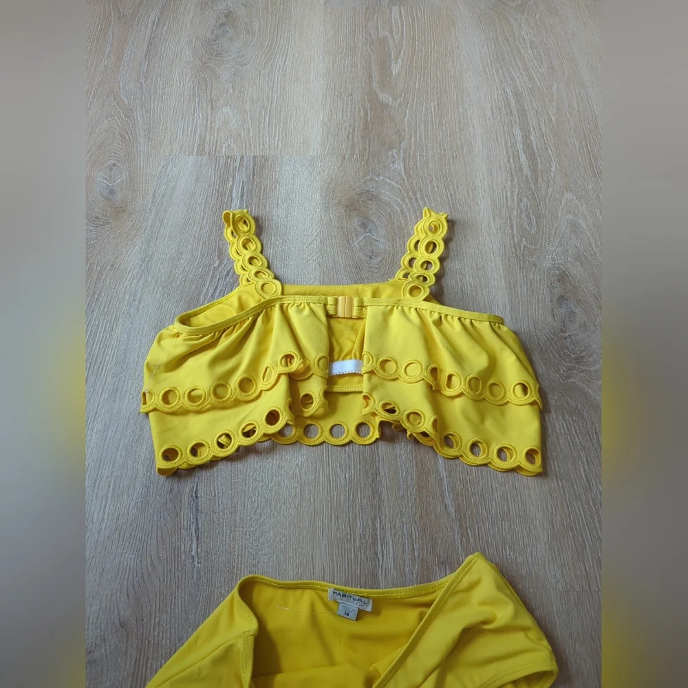 Habitual Girls Yellow 2 Piece Eyelet Ruffle Top And  Bikini Bottoms Swimsuit